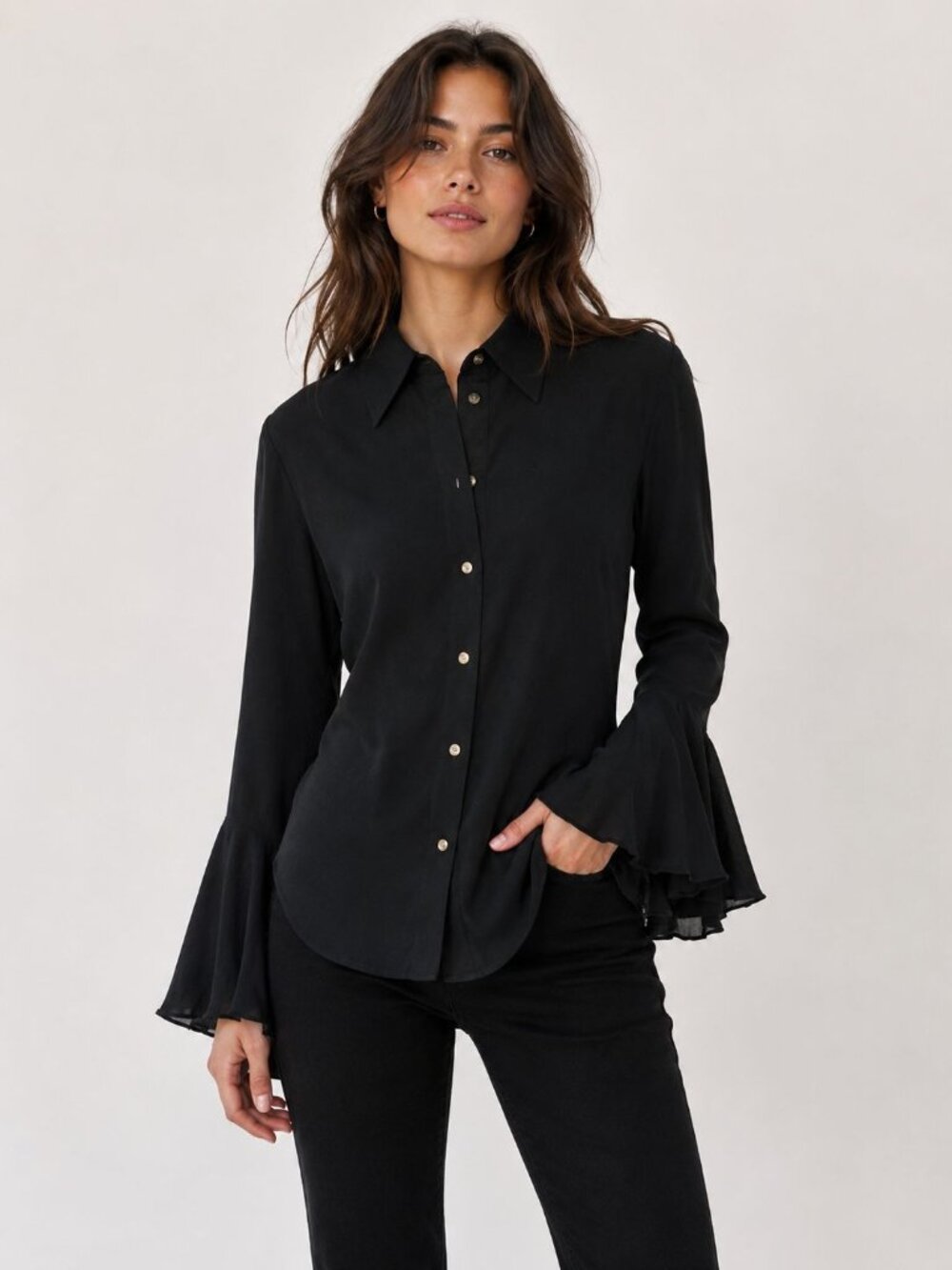 KHAITE Button Up Flowy Long Bell Sleeve Silk Blouse Black Size Medium NWT